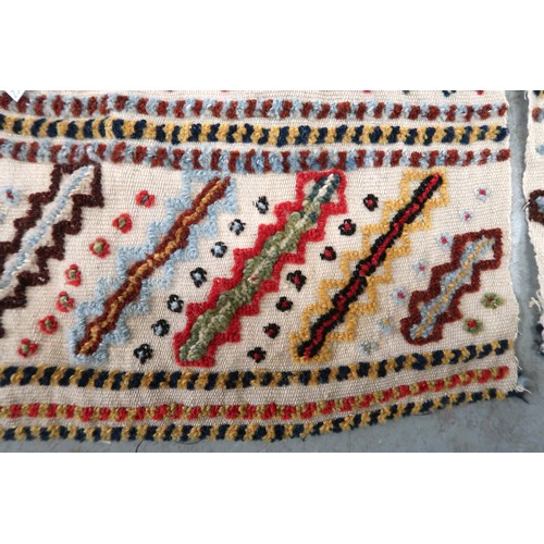 2 - Two flat weave and part piled tribal Kelim rugs of horizontal banded design, 98 x 70cm approximately