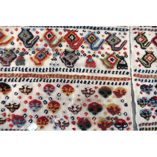 2 - Two flat weave and part piled tribal Kelim rugs of horizontal banded design, 98 x 70cm approximately