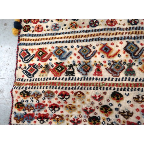 2 - Two flat weave and part piled tribal Kelim rugs of horizontal banded design, 98 x 70cm approximately