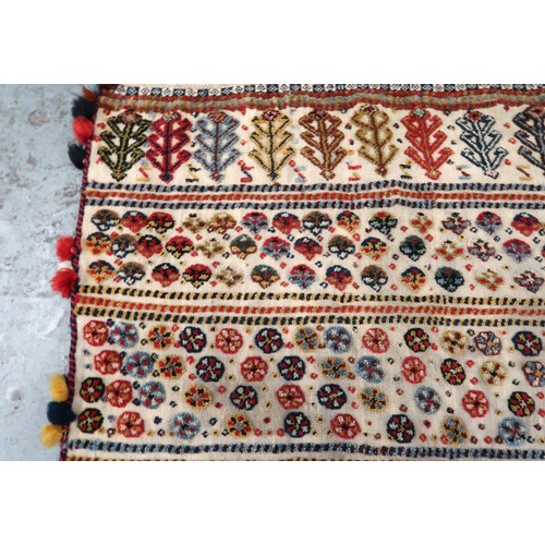 2 - Two flat weave and part piled tribal Kelim rugs of horizontal banded design, 98 x 70cm approximately