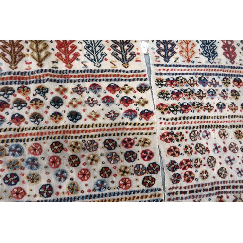 2 - Two flat weave and part piled tribal Kelim rugs of horizontal banded design, 98 x 70cm approximately