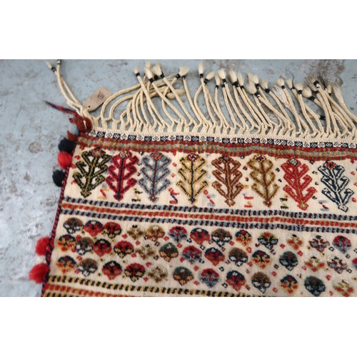 2 - Two flat weave and part piled tribal Kelim rugs of horizontal banded design, 98 x 70cm approximately