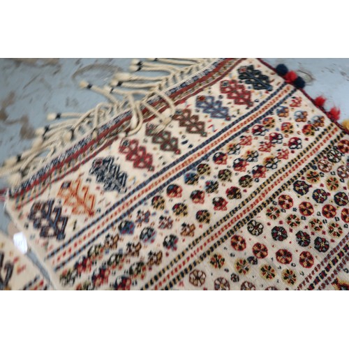 2 - Two flat weave and part piled tribal Kelim rugs of horizontal banded design, 98 x 70cm approximately