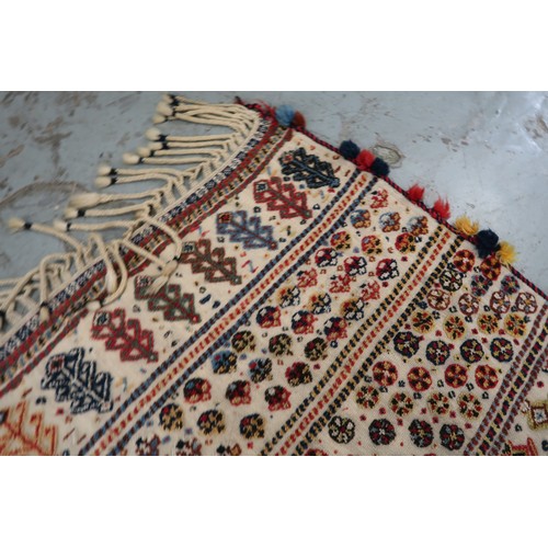 2 - Two flat weave and part piled tribal Kelim rugs of horizontal banded design, 98 x 70cm approximately