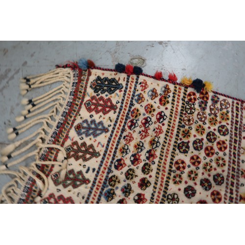2 - Two flat weave and part piled tribal Kelim rugs of horizontal banded design, 98 x 70cm approximately