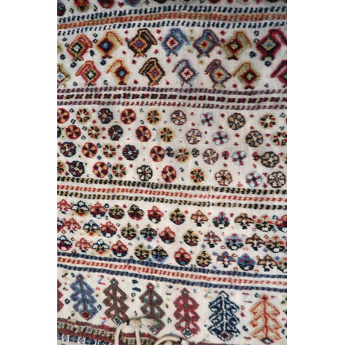 2 - Two flat weave and part piled tribal Kelim rugs of horizontal banded design, 98 x 70cm approximately