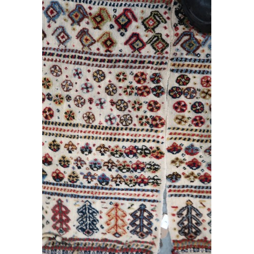 2 - Two flat weave and part piled tribal Kelim rugs of horizontal banded design, 98 x 70cm approximately