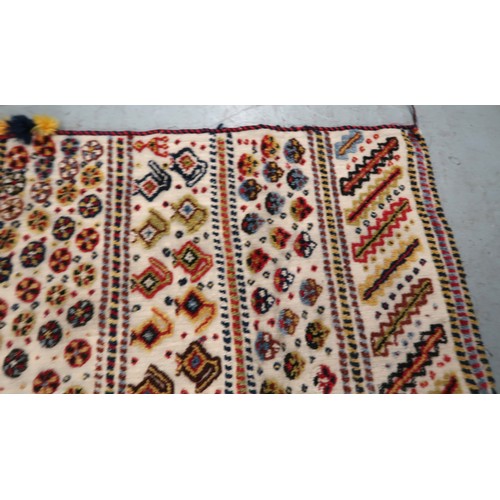 2 - Two flat weave and part piled tribal Kelim rugs of horizontal banded design, 98 x 70cm approximately