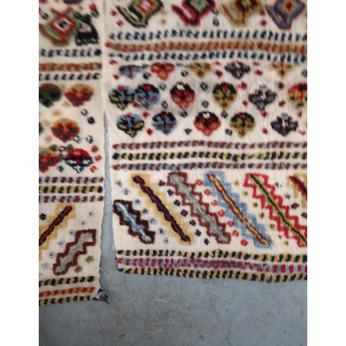 2 - Two flat weave and part piled tribal Kelim rugs of horizontal banded design, 98 x 70cm approximately