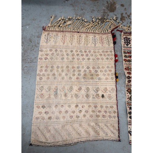 2 - Two flat weave and part piled tribal Kelim rugs of horizontal banded design, 98 x 70cm approximately