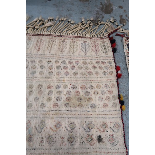 2 - Two flat weave and part piled tribal Kelim rugs of horizontal banded design, 98 x 70cm approximately