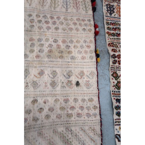 2 - Two flat weave and part piled tribal Kelim rugs of horizontal banded design, 98 x 70cm approximately