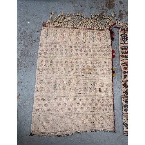 2 - Two flat weave and part piled tribal Kelim rugs of horizontal banded design, 98 x 70cm approximately