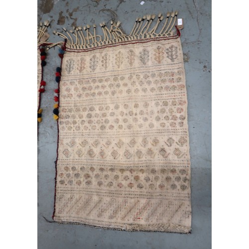 2 - Two flat weave and part piled tribal Kelim rugs of horizontal banded design, 98 x 70cm approximately