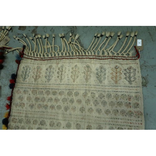 2 - Two flat weave and part piled tribal Kelim rugs of horizontal banded design, 98 x 70cm approximately