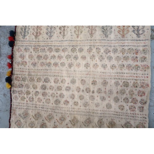 2 - Two flat weave and part piled tribal Kelim rugs of horizontal banded design, 98 x 70cm approximately