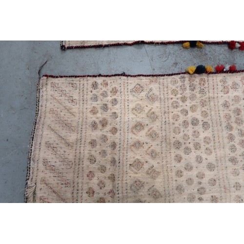 2 - Two flat weave and part piled tribal Kelim rugs of horizontal banded design, 98 x 70cm approximately