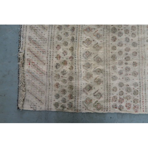 2 - Two flat weave and part piled tribal Kelim rugs of horizontal banded design, 98 x 70cm approximately