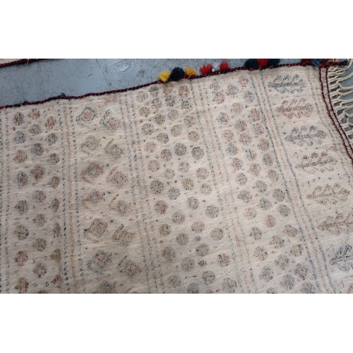 2 - Two flat weave and part piled tribal Kelim rugs of horizontal banded design, 98 x 70cm approximately