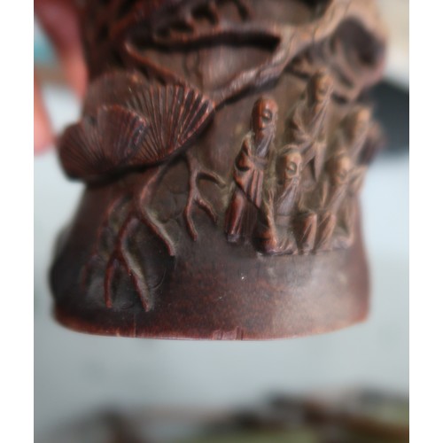 58 - Chinese carved bamboo brush pot decorated in high relief with figures and foliage, carved four chara... 