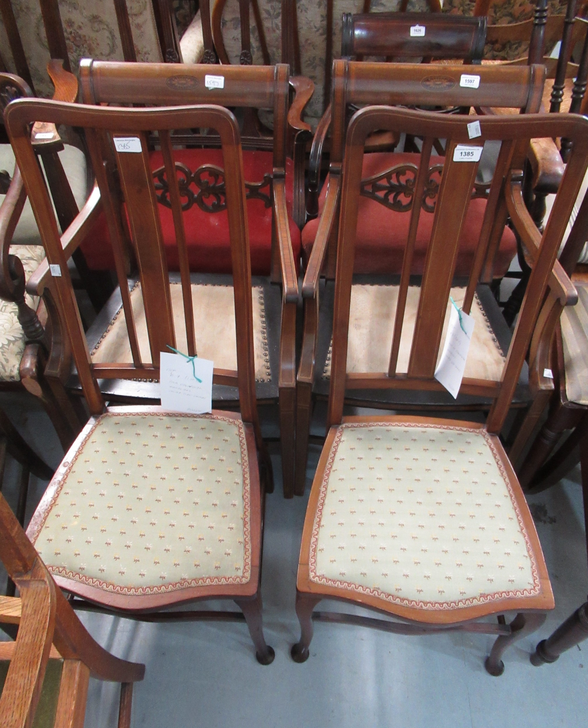 Pair of Edwardian mahogany side chairs with splat backs and padded ...