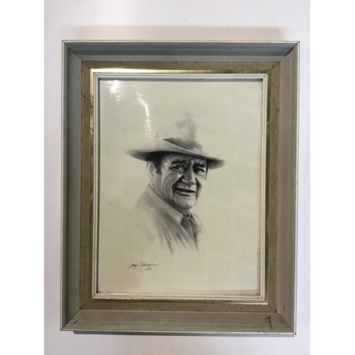 214 - Framed print of a sketch of John Wayne. original was done in 1988. 16x13