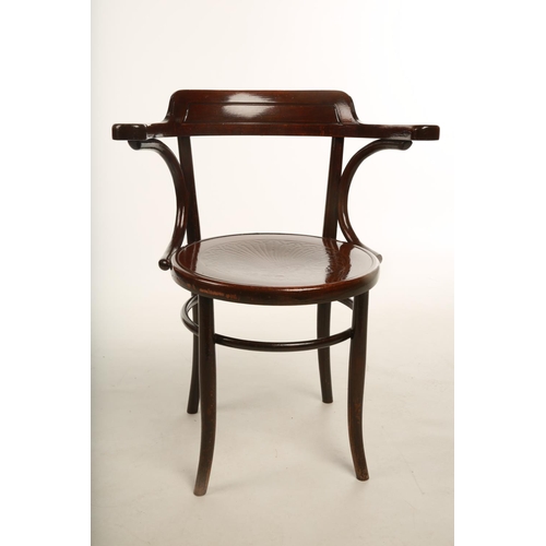 39 - A 1930s Thonet Bentwood open arm desk chair; raised on outswept supports; 80cm high
