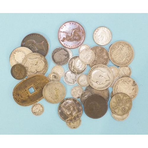 114 - A Queen Victoria 1841 penny, a collection of pre-1947 silver coinage and later British and World coi... 