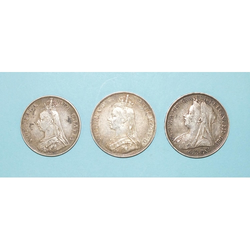 116 - Two Queen Victoria crowns, 1890, 1897 and a double-florin, 1890, (3).