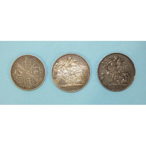 116 - Two Queen Victoria crowns, 1890, 1897 and a double-florin, 1890, (3).