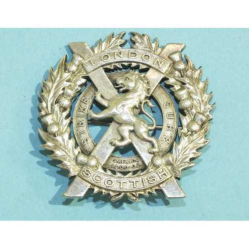 123 - London Scottish 1915, London hallmark, silver officer's glengarry badge.