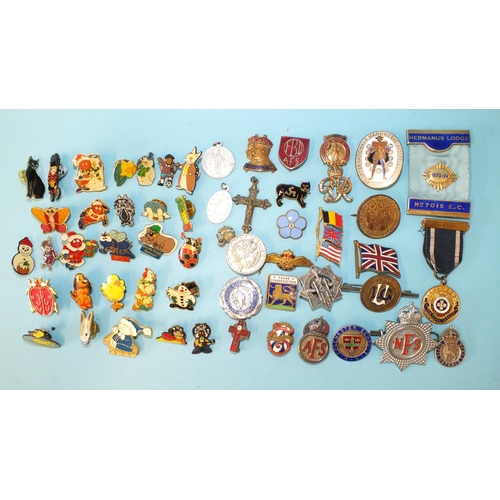 132 - A quantity of enamelled and metal badges and some modern lapel badges of cartoon characters.