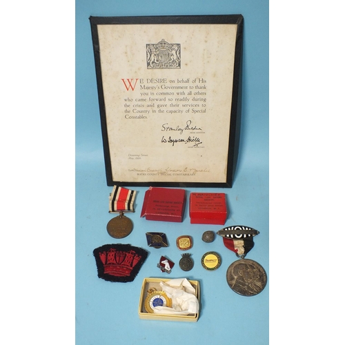 134 - A George V Special Constabulary Faithful Service medal to Charles J Manchee, a certificate of thanks... 