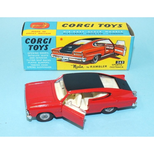 146 - Corgi Toys, 263 Marlin Rambler Sports Fastback, red body, black roof, white interior, cast wheel hub... 