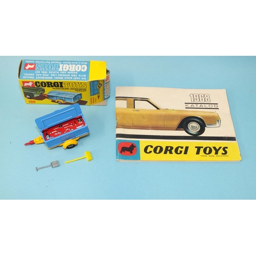 147 - Corgi Toys, 109 Pennyburn Workmen's Trailer, with broom and spade, (no pickaxe) boxed, and a 1968 Ka... 