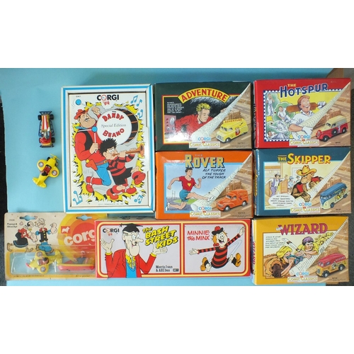 150 - Corgi Comic Classics, five boxed vehicles, 98754-98758, a boxed Dandy/Beano Special Edition, a D47/1... 