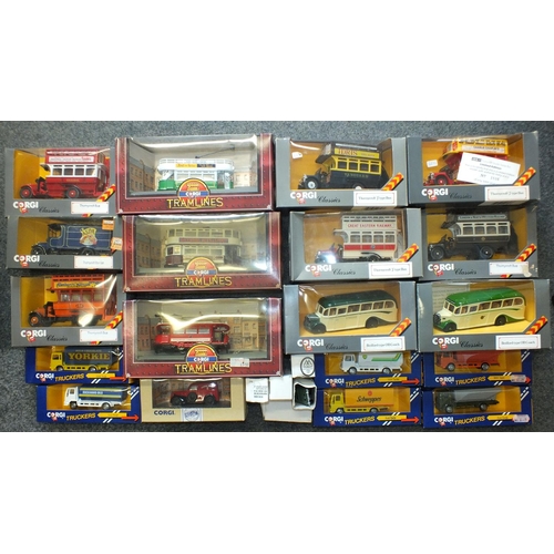 151 - Corgi Tramlines, three boxed C990/1, C991/2 and C993/1, nine boxed Corgi buses and twelve other boxe... 