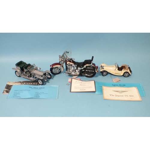 155 - Franklin Mint: three unboxed models: Harley Davidson Heritage Softail Classic, (1:10), Rolls Royce S... 