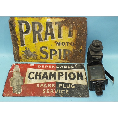 473 - A lithographed metal sign Dependable Champion Spark Plug Service, 33 x 58cm, an enamelled Pratt's Mo... 