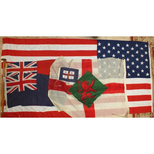 476 - Flags: US Stars and Stripes, stitched, 288 x 109cm, Welsh dragon, 120 x 90cm, red ensign on short fl... 