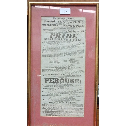 79 - A framed 19th century poster for the Theatre Royal Bristol, advertising the play 'Pride Shall Have A... 