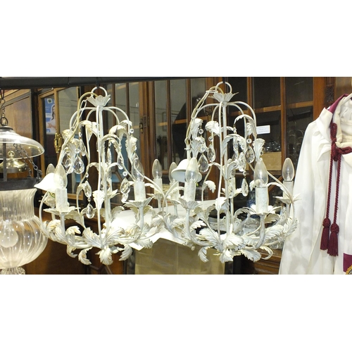 108 - A pair of painted metal leaf-form chandeliers with cut-glass drops, 50cm high, (2).