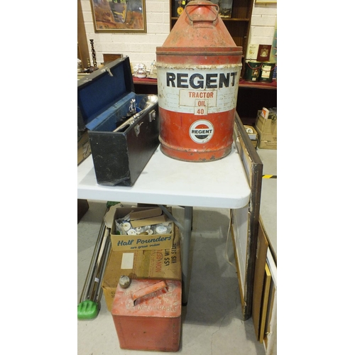 134 - A Regent Tractor Oil 40 conical can, 51cm high, a Valor Petroleum Spirit can, a Hawkes & Son 'The Em... 