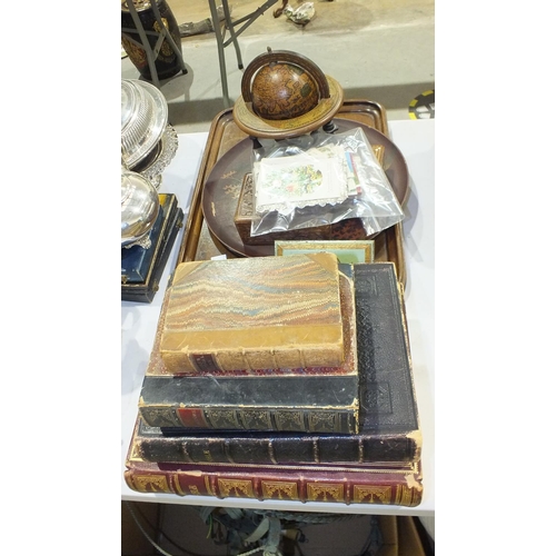 141 - Two leather-bound late-Victorian Holy Bibles, an oak tray, a small collection of greeting cards, two... 