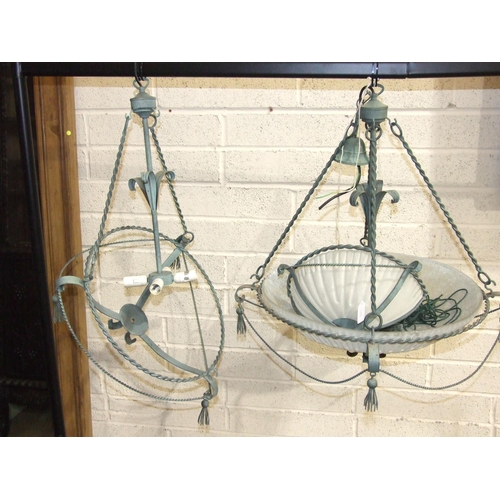 146 - A modern Verdigris-finished metal and frosted glass hanging light fitting, 51cm diameter, 63cm high,... 