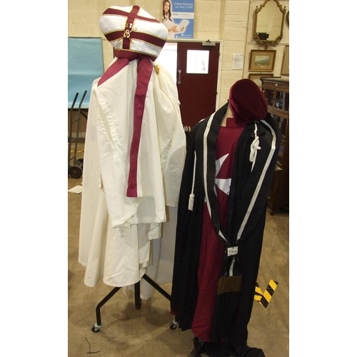 155 - A Masonic Knights Templar mantle cape, a Malta mantle and cape, a Templar priest's mitre and cape an... 