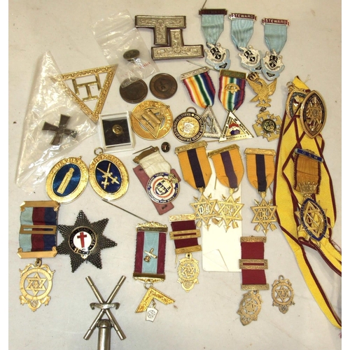 156 - Two small silver-gilt Masonic chapter jewels, a Knights Templar breast star, other jewels and a copy... 