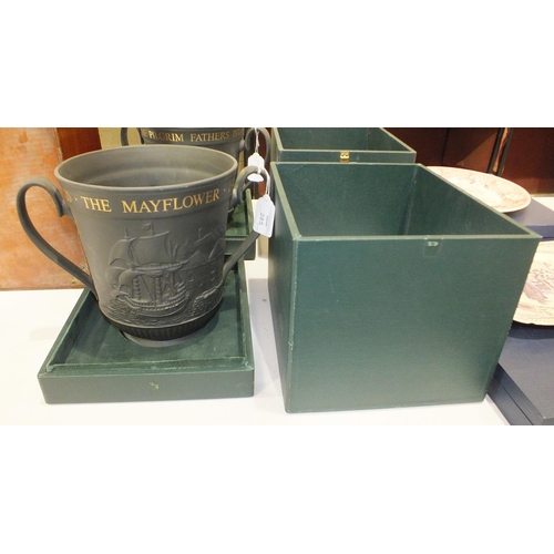 158 - Two Royal Doulton limited edition black basalt 'The Mayflower' loving cup, commemorating the 350th a... 