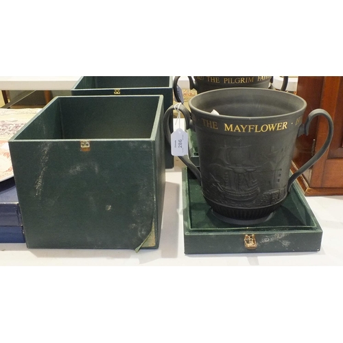 158 - Two Royal Doulton limited edition black basalt 'The Mayflower' loving cup, commemorating the 350th a... 