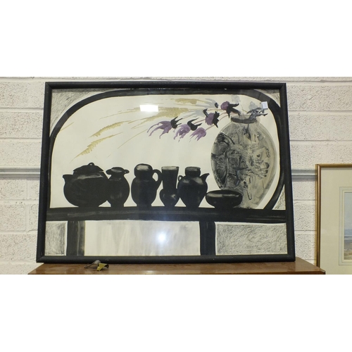 173 - Contemporary, 'Still Life, jugs and utensils on a shelf', 61 x 85cm and a still life watercolour vas... 